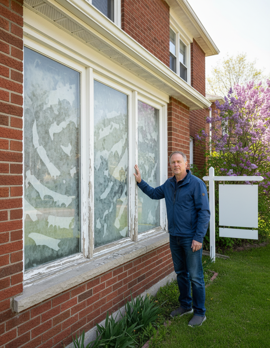 Homeowner looking at old foggy windows - Quality Contracting ad
